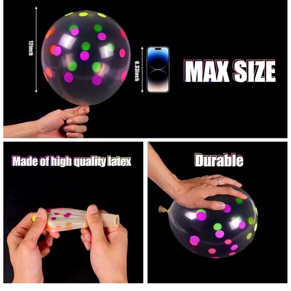 RUBFAC 120 Pieces Neon Balloons, 12” Glow in The Dark Balloons UV Polka Dot Glow - Picture 4 of 5